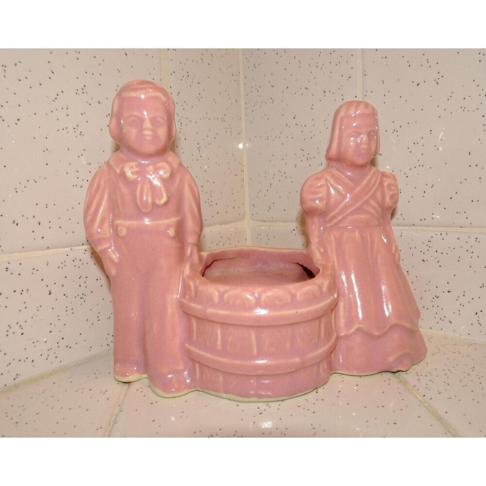 Vintage Pink Ceramic Dutch Boy & Girl Wishing Well Planter vase retro mcm